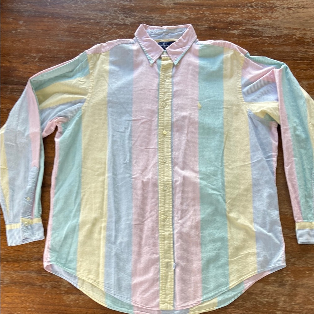 Vintage Ralph Lauren Striped Seersucker Rainbow Button Down Shirt Men’s XL